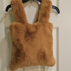 Laon Luxury Faux Fur Teddy Boutique Plush Tote Bag Cozycore Camel EUC